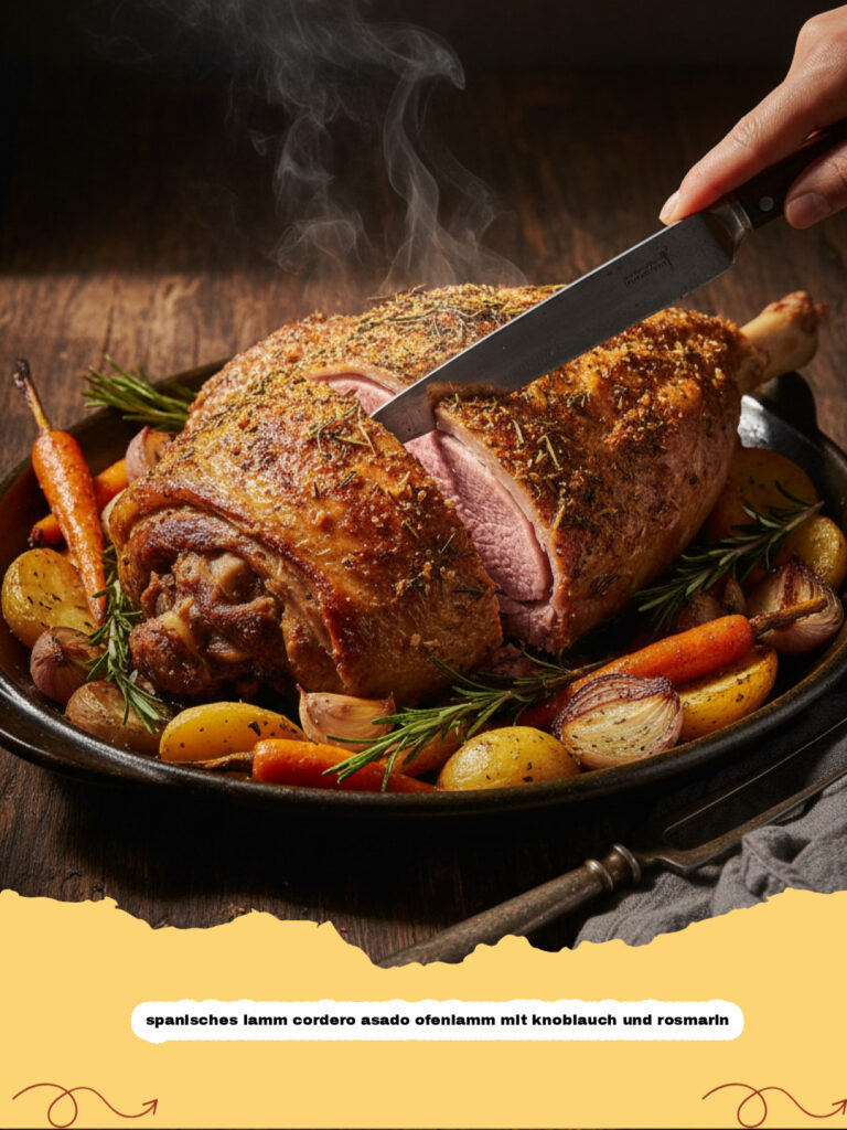 spanisches lamm cordero asado ofenlamm mit knoblauch und rosmarin - Ein goldbraun geröstetes spanisches Lamm Cordero Asado Ofenlamm mit Knoblauch und Rosmarin in einer traditionellen Tonschale.