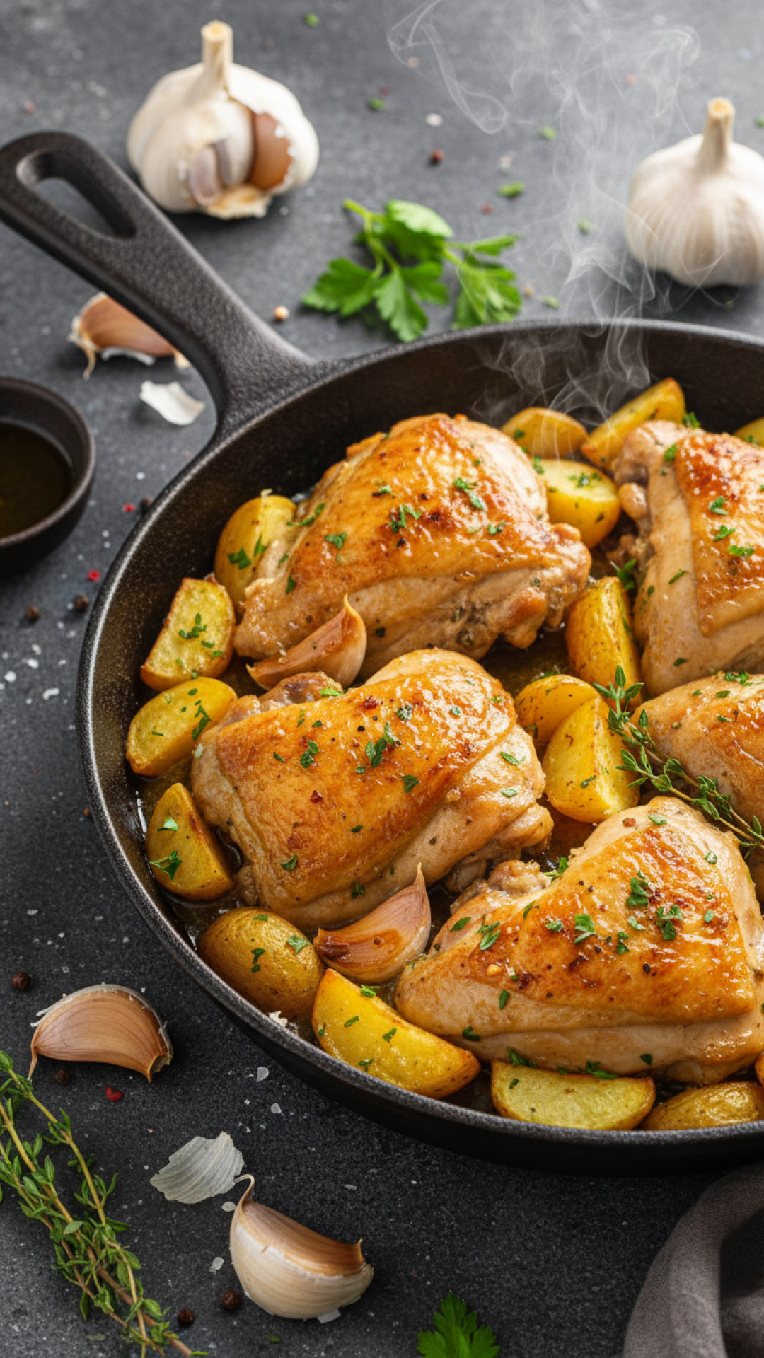 Authentisches Spanisches Pollo al Ajillo Knoblauch Haehnchen mit Kartoffeln Preparation