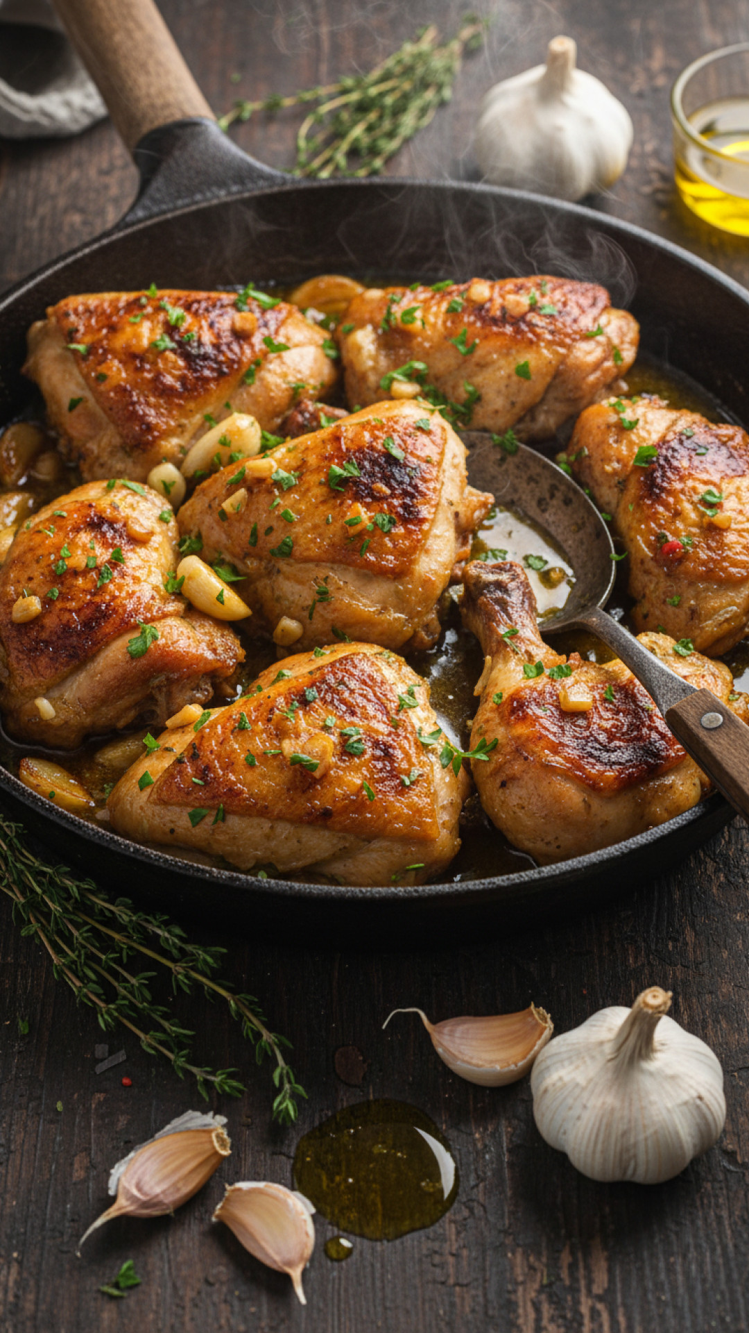 Authentisches Spanisches Pollo al Ajillo Knoblauchhaehnchen Preparation