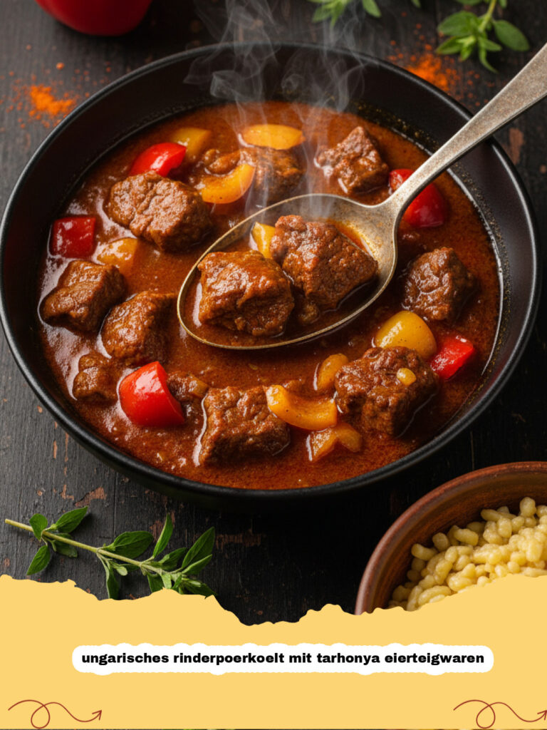 ungarisches rinderpoerkoelt mit tarhonya eierteigwaren - Ein Teller mit ungarischem Rinderpörkölt und goldenen Tarhonya Eierteigwaren