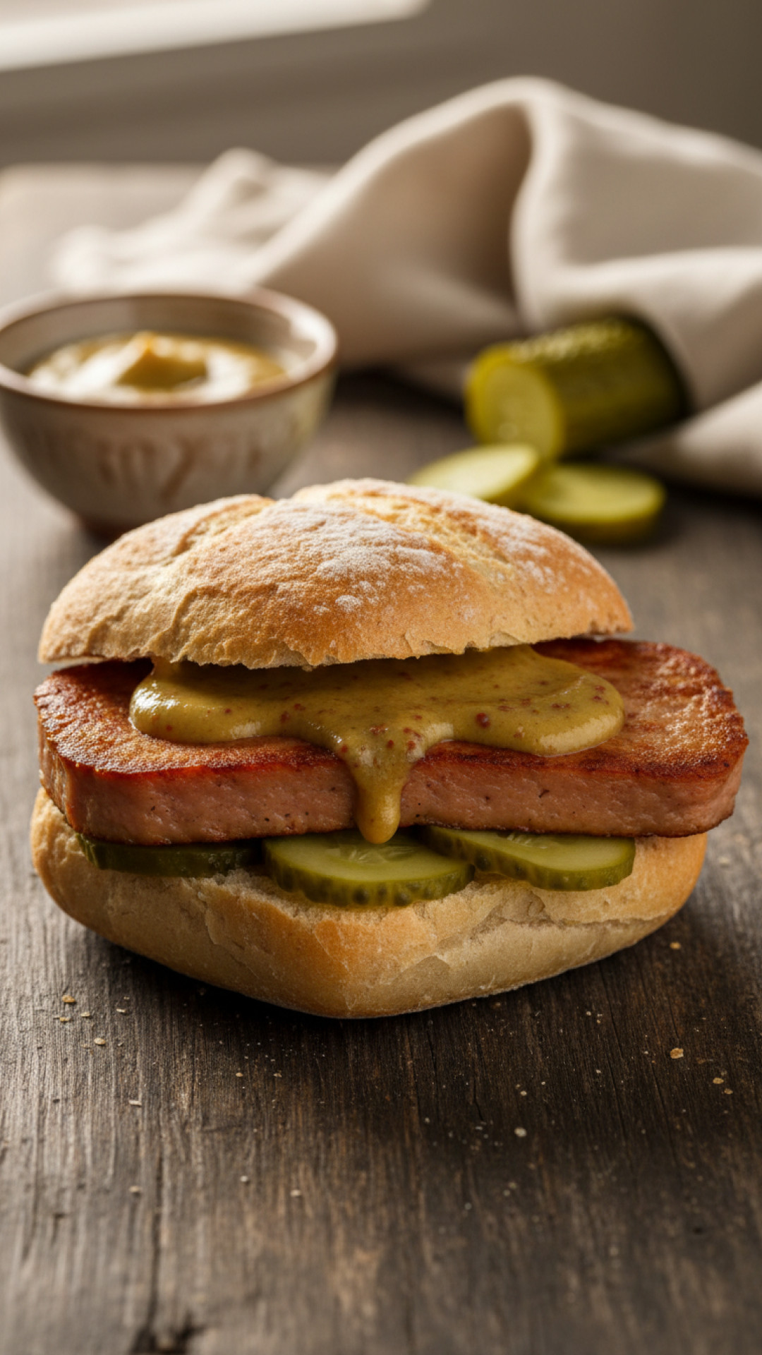 Bayerische Leberkaes Semmel mit suessem Senf Preparation