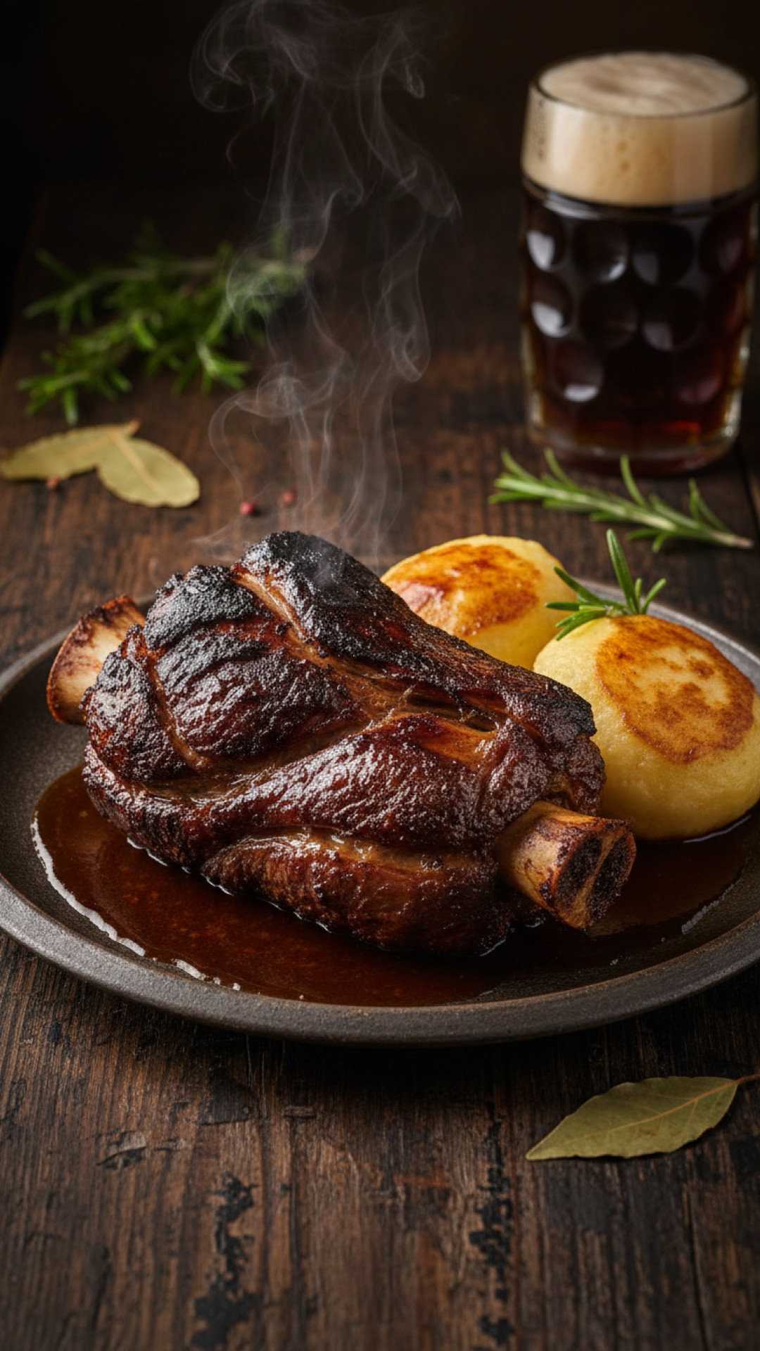 Bayerische Rinderhaxe mit dunkler Bier-Alternative und Knödeln Preparation