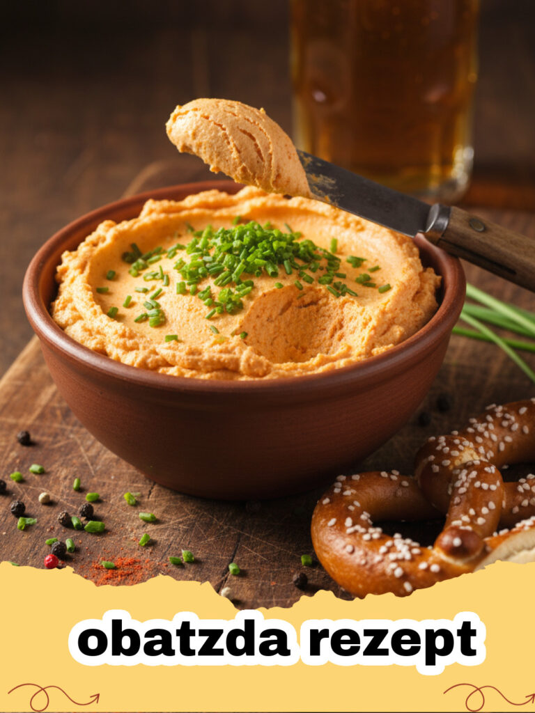 obatzda rezept - Schüssel mit bayerischem Obatzda, garniert mit Zwiebelringen und Schnittlauch neben einer Brezel