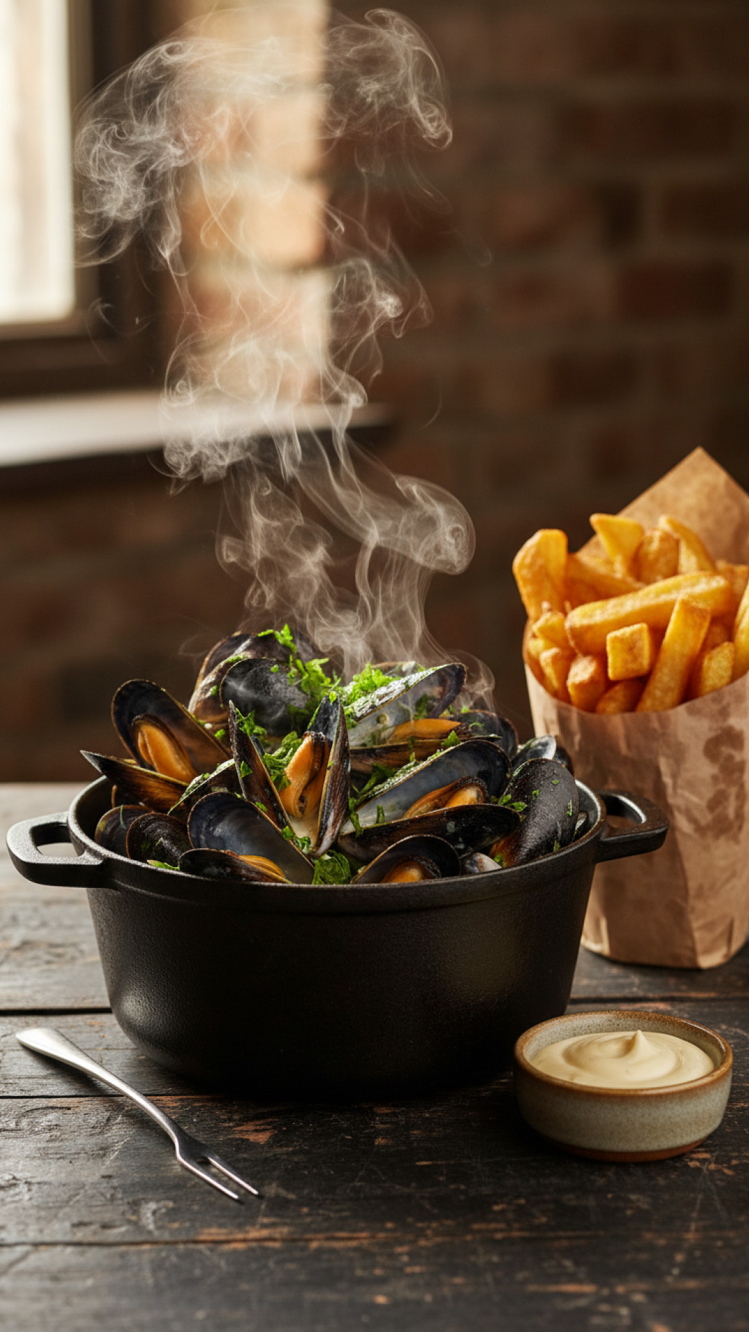 Belgische Moules Frites - Klassische Miesmuscheln mit Pommes Preparation