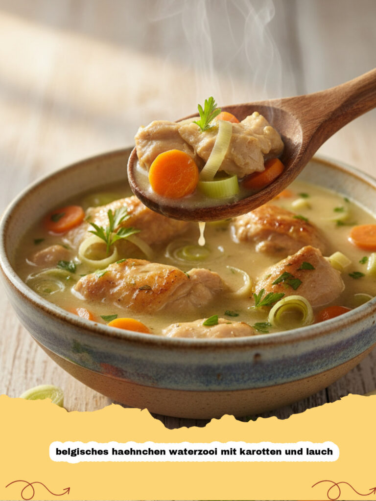 belgisches haehnchen waterzooi mit karotten und lauch - Ein Teller mit belgischem Hähnchen Waterzooi mit Karotten und Lauch in einer cremigen Sauce