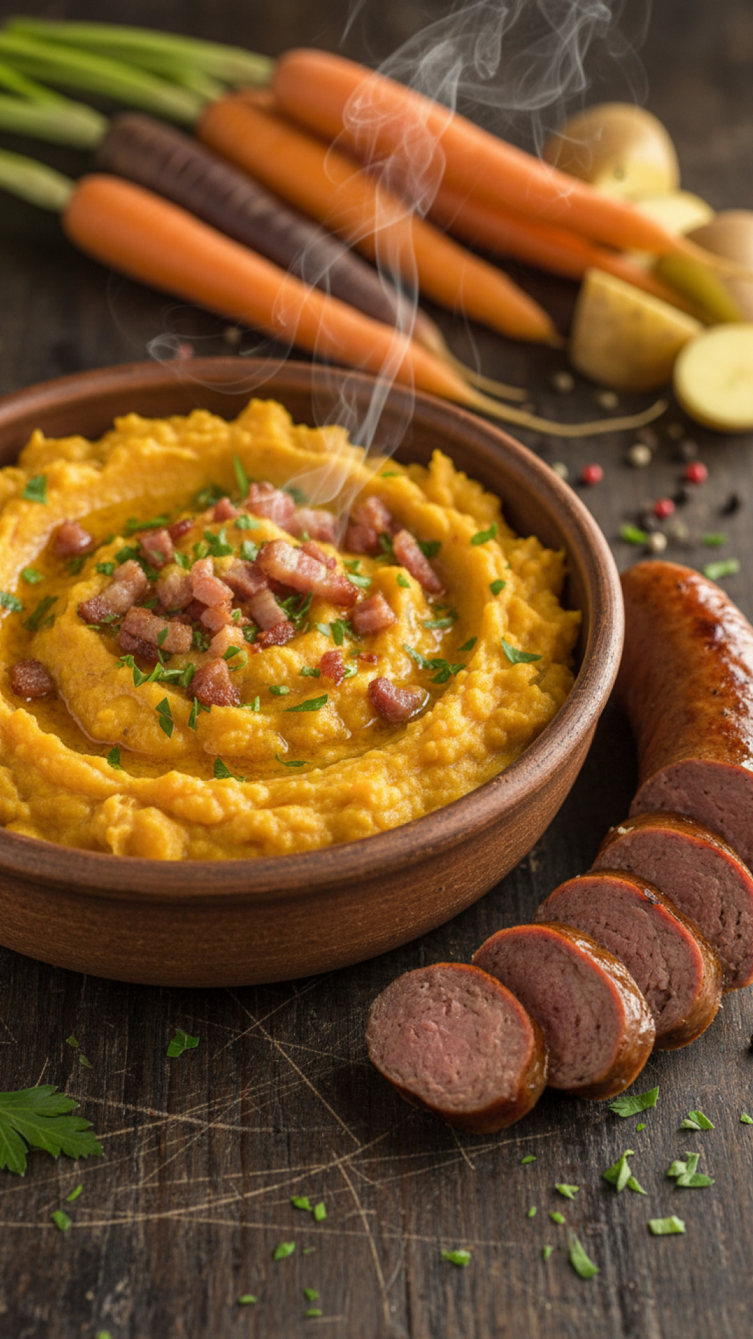 Belgisches Stoemp mit Karotten und Rinderwurst Preparation