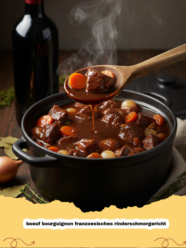 Ein dampfender Teller boeuf bourguignon franzoesisches rinderschmorgericht mit Karotten und Pilzen