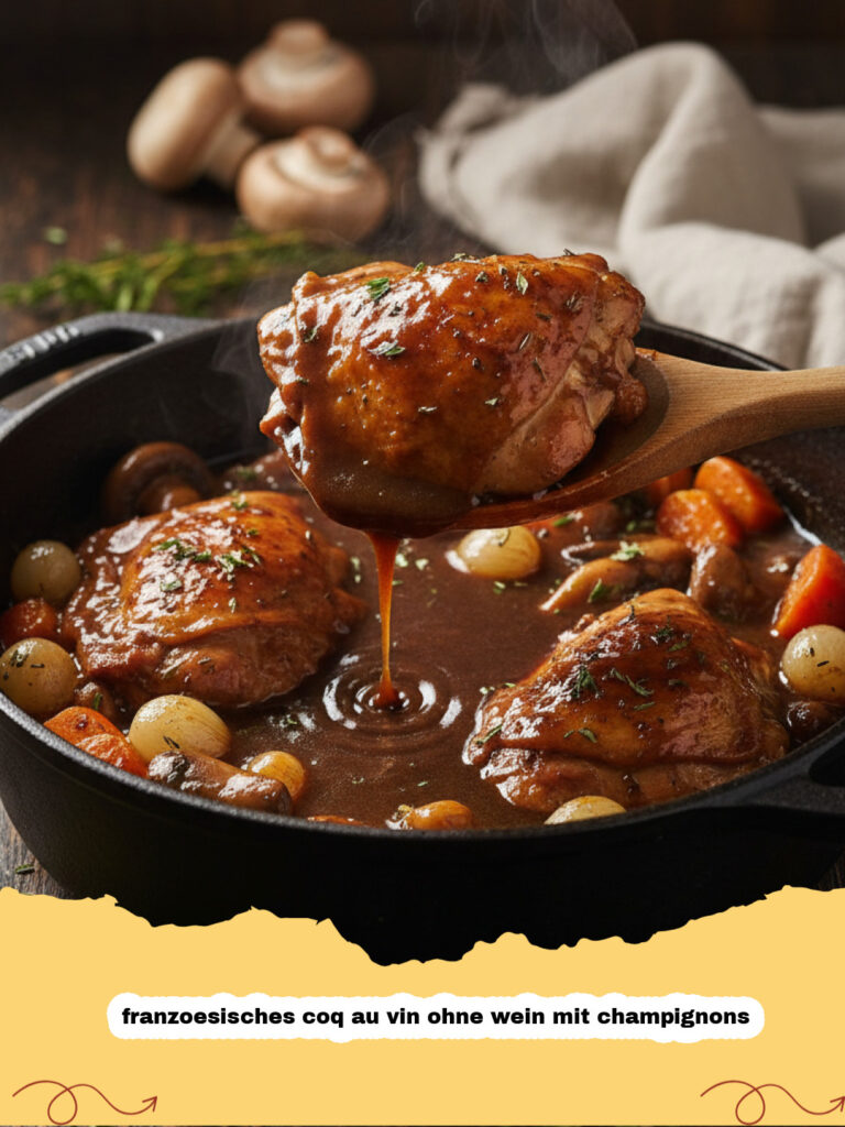 franzoesisches coq au vin ohne wein mit champignons - Französisches Coq au Vin ohne Wein mit Champignons in einem Schmortopf serviert