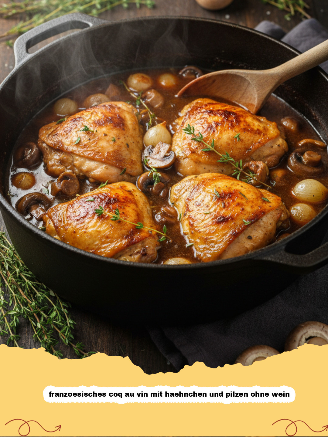 Herzhaftes französisches Coq au Vin ohne Wein mit Pilzen