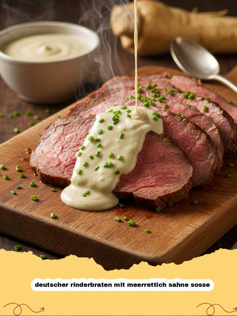 deutscher rinderbraten mit meerrettich sahne sosse - Ein saftiger deutscher Rinderbraten mit Meerrettich-Sahne-Soße auf einem Teller serviert