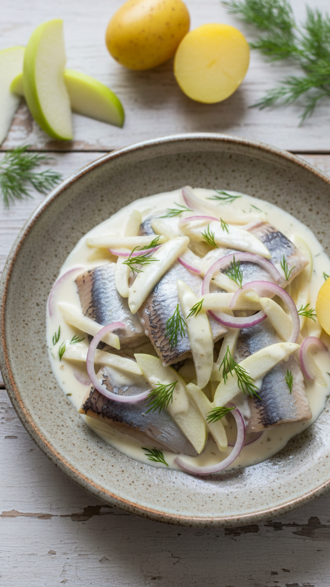 Deutsches Matjesfilet Hausfrauen Art mit Apfel, Zwiebel und Sahne Preparation