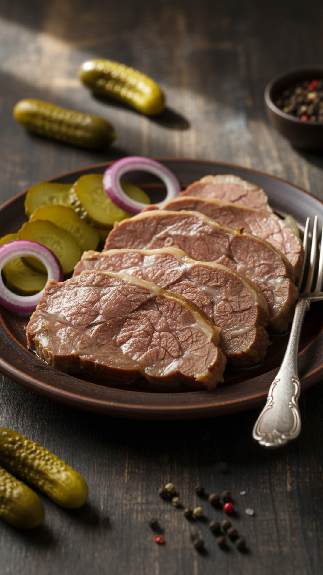 Deutsches Sauerfleisch vom Rind mit Zwiebeln und Gewürzgurken Preparation