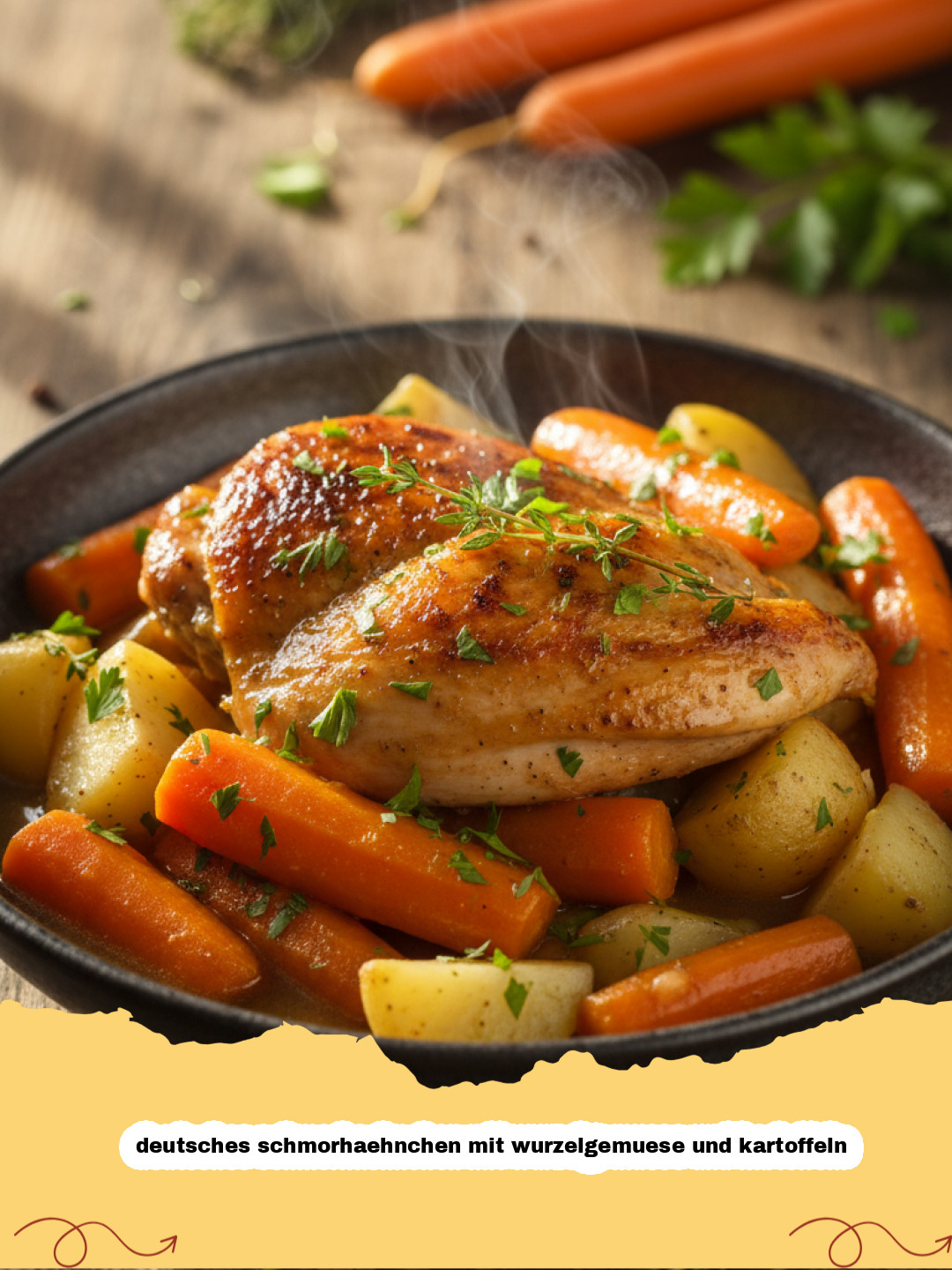 Herzhaftes deutsches Schmorhähnchen mit Wurzelgemüse und Kartoffeln wie bei Oma