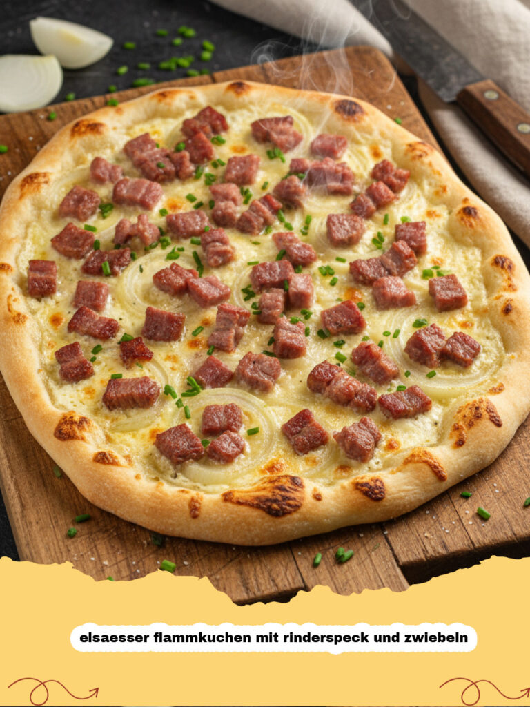 Frisch gebackener elsaesser flammkuchen mit rinderspeck und zwiebeln auf einem Holzbrett
