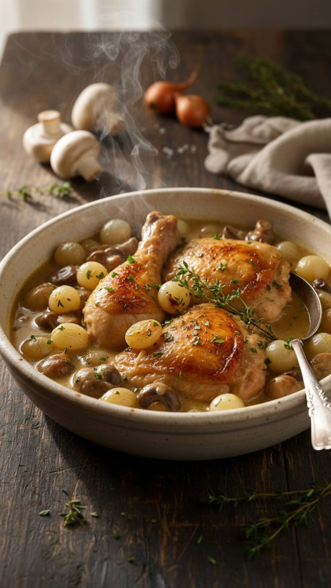 Franzoesisches Coq au Vin Blanc mit Pilzen und Perlzwiebeln Preparation