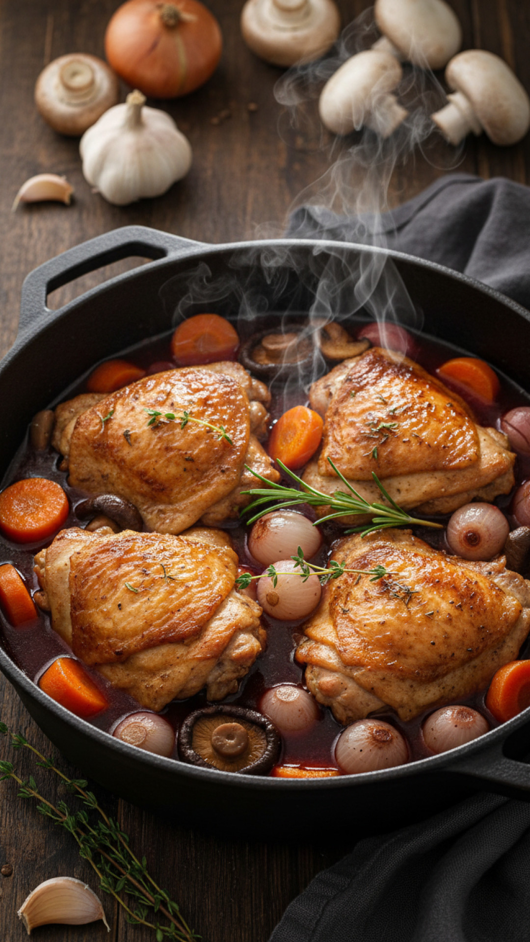 franzoesisches coq au vin vom haehnchen in rotweinsosse ohne alkohol Preparation
