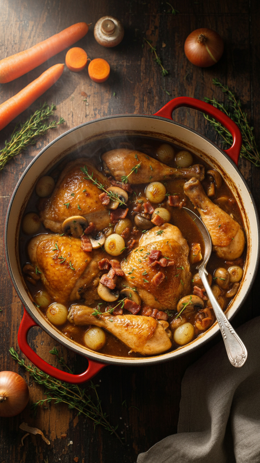 Franzoesisches Coq au Vin vom Haehnchen ohne Wein Preparation