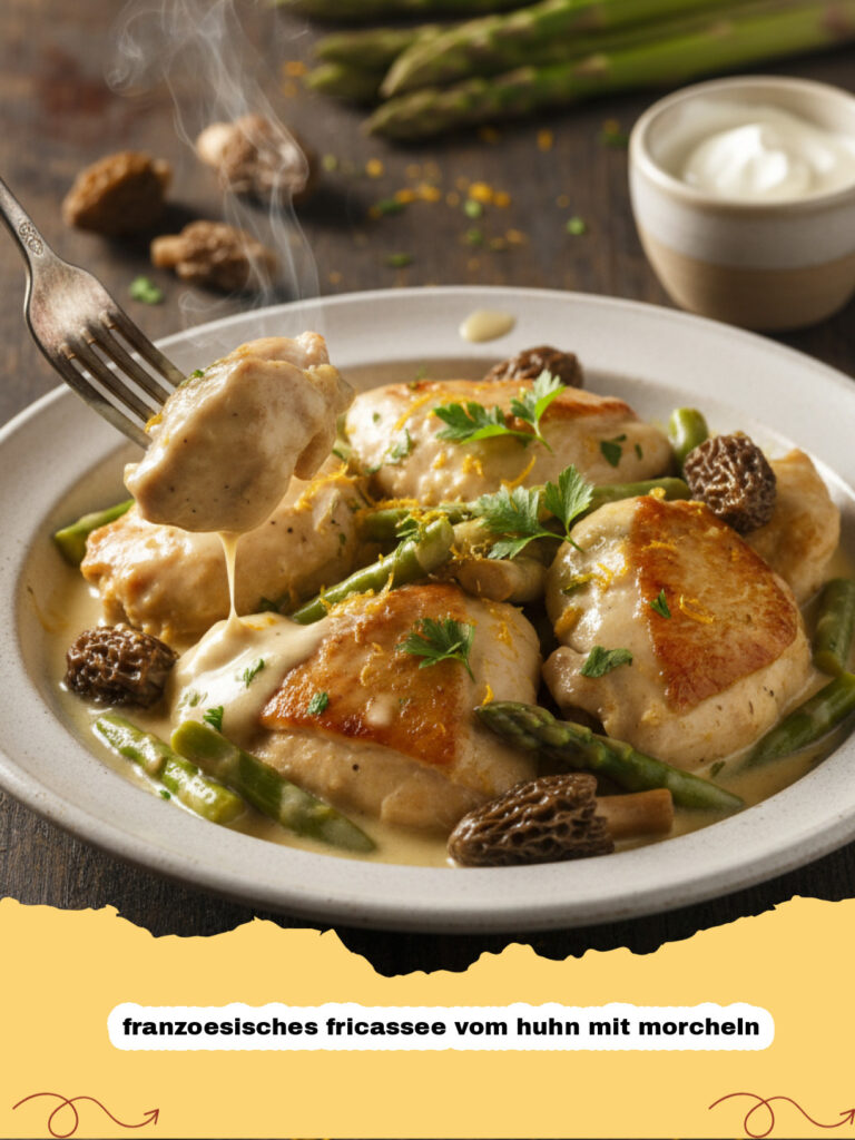 Ein Teller mit cremigem franzoesisches fricassee vom huhn mit morcheln und Reis