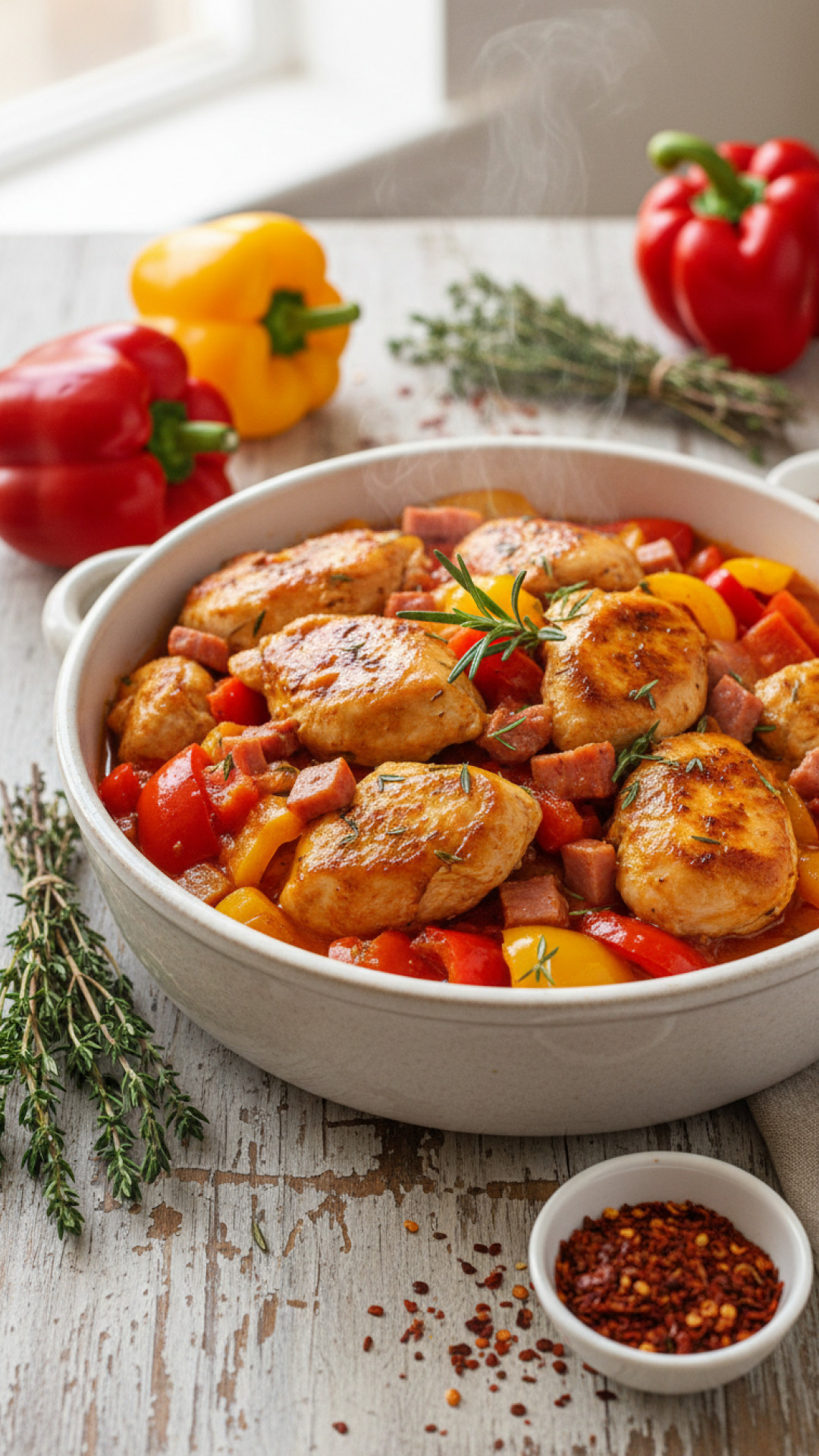 Franzoesisches Poulet Basquaise mit Schinken Ersatz und Paprika Preparation