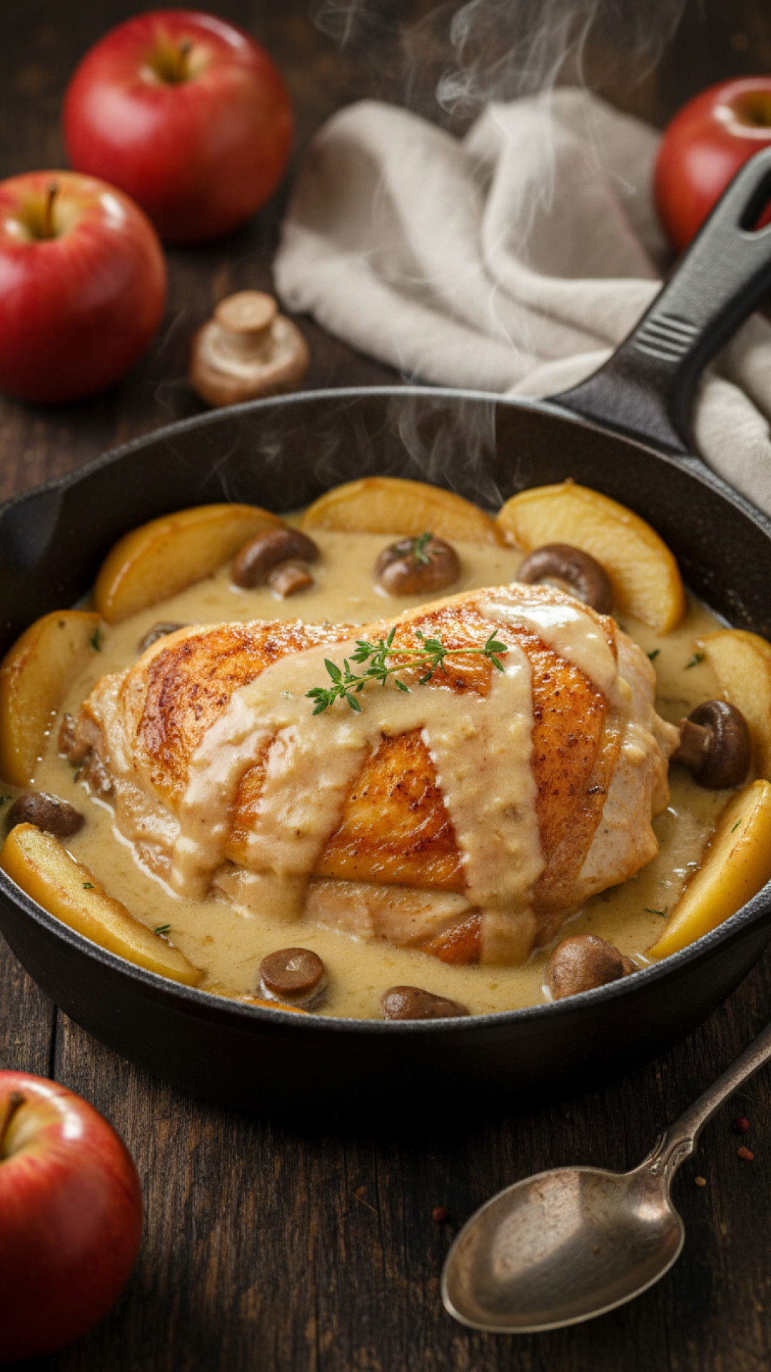 Franzoesisches Poulet Vallee d'Auge mit Aepfeln und Sahne Preparation