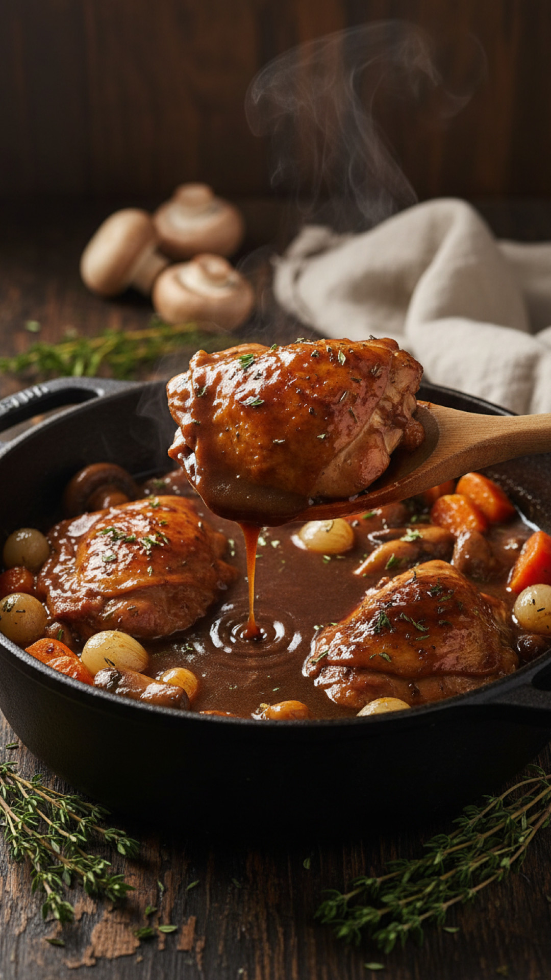 Französisches Coq au Vin ohne Wein mit Champignons Preparation