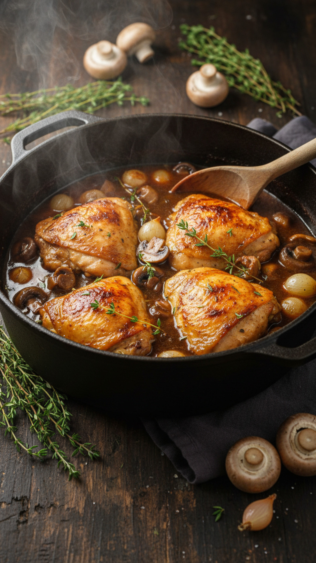 Französisches Coq au Vin ohne Wein mit Hähnchen und Pilzen Preparation