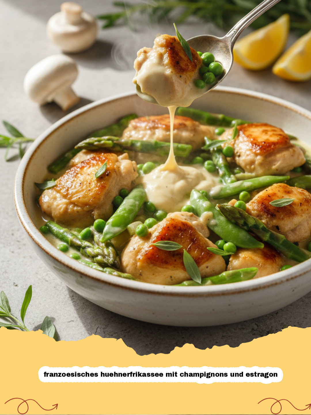 Französisches Hühnerfrikassee mit Champignons und Estragon: Eleganz aus der Pfanne