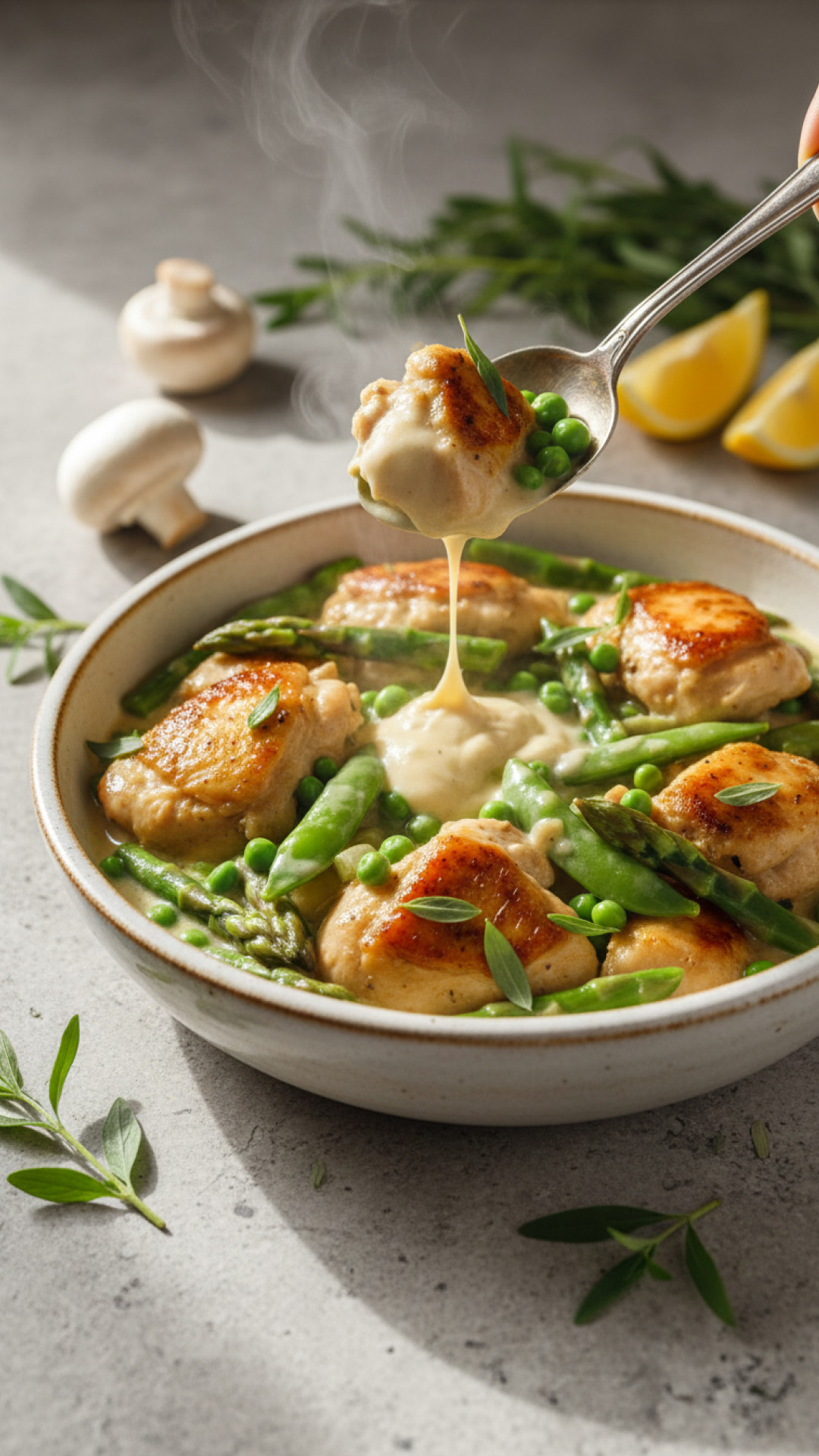 Französisches Hühnerfrikassee mit Champignons und Estragon Preparation