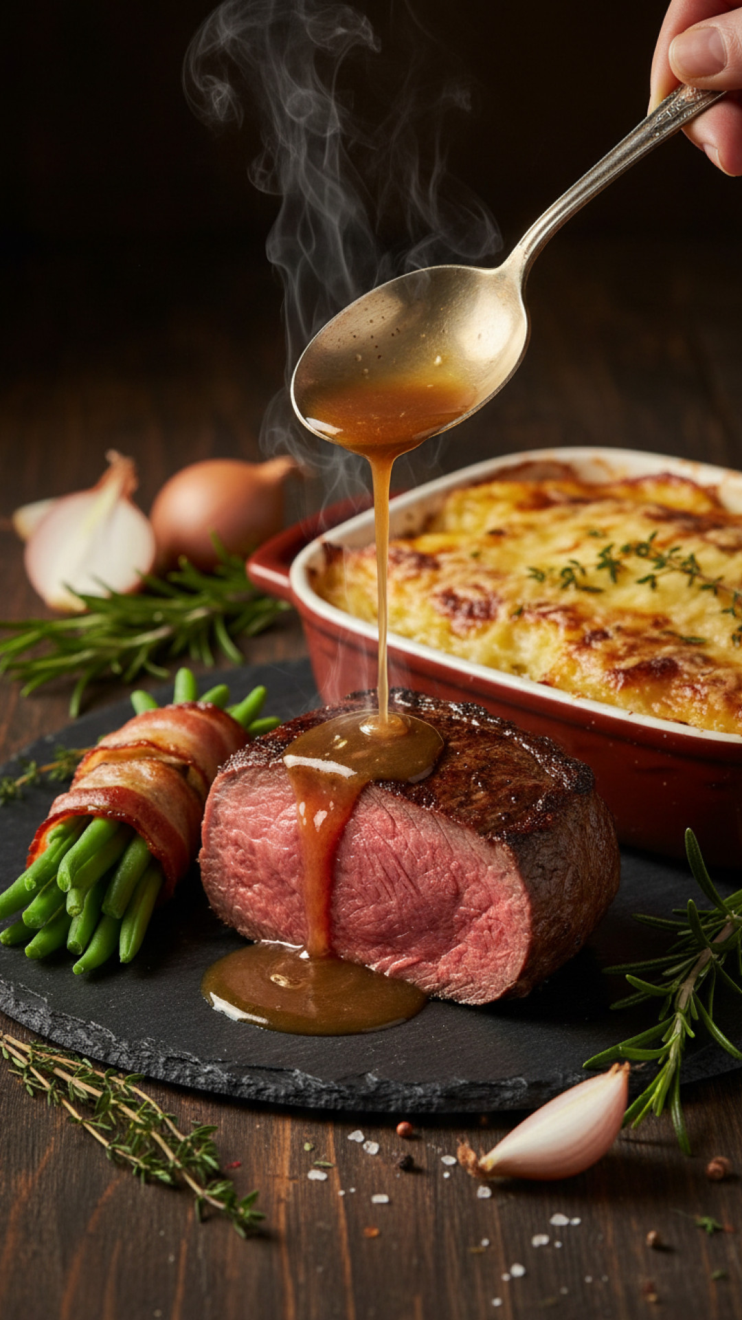 Französisches Roastbeef mit Schalotten-Jus und Kartoffelgratin Preparation