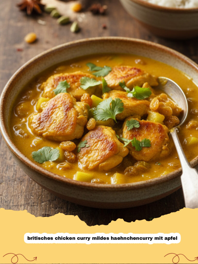 Ein Teller mit britisches chicken curry mildes haehnchencurry mit apfel serviert mit Reis