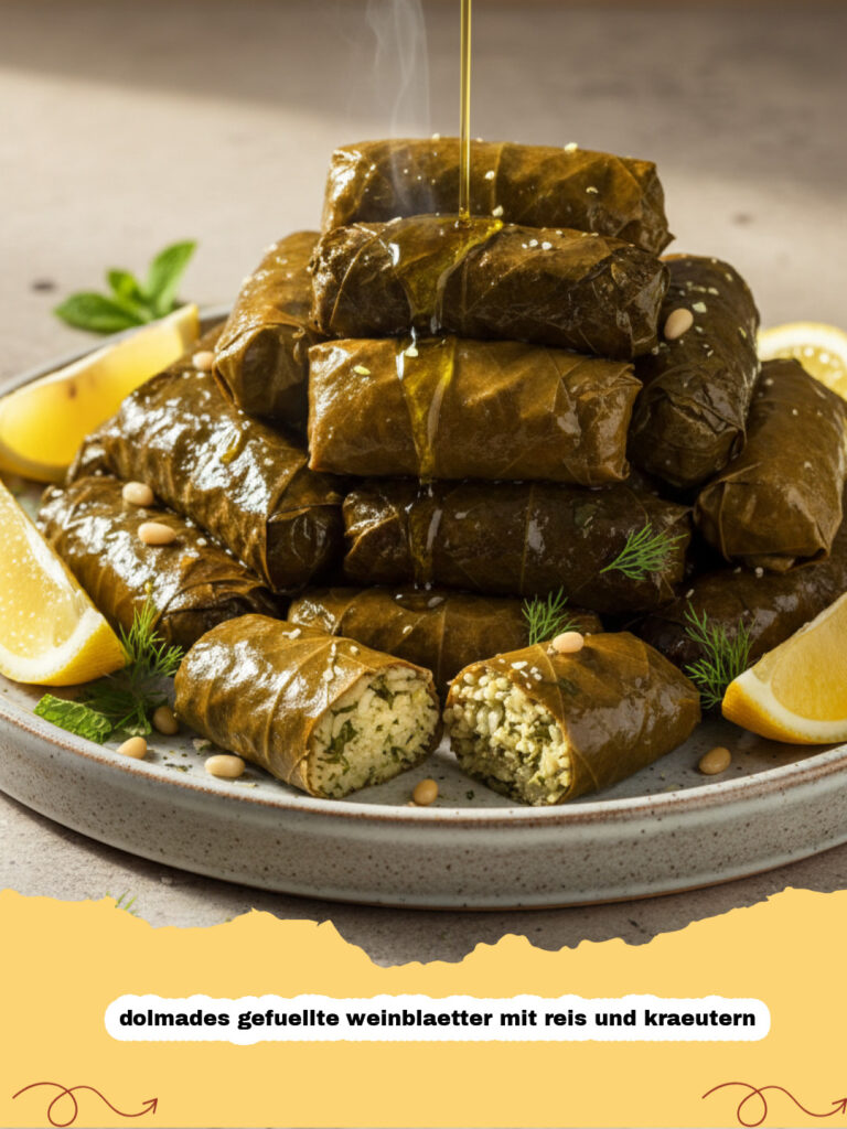 Ein Teller mit hausgemachten dolmades gefuellte weinblaetter mit reis und kraeutern, garniert mit Zitronenscheiben und frischem Dill.