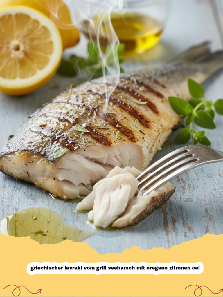 griechischer lavraki vom grill seebarsch mit oregano zitronen oel - Gegrillter griechischer Lavraki Seebarsch mit Zitronenscheiben und Oregano-Öl auf einem weißen Teller