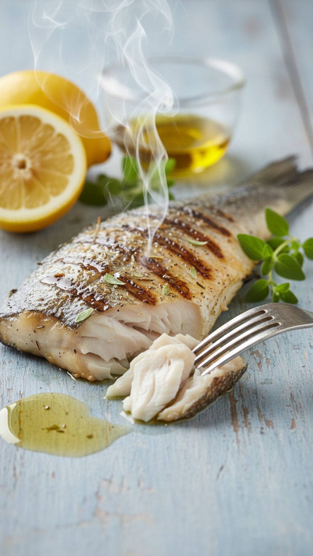 Griechischer Lavraki vom Grill mit Oregano-Zitronen-Öl Preparation