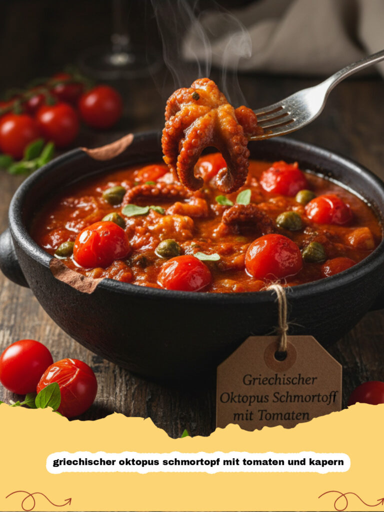 griechischer oktopus schmortopf mit tomaten und kapern - Griechischer Oktopus Schmortopf in einer rustikalen Tonschüssel mit Kapern und Petersilie