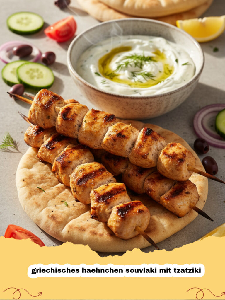 griechisches haehnchen souvlaki mit tzatziki - Griechisches Hähnchen Souvlaki mit Tzatziki auf einem Teller mit Zitrone