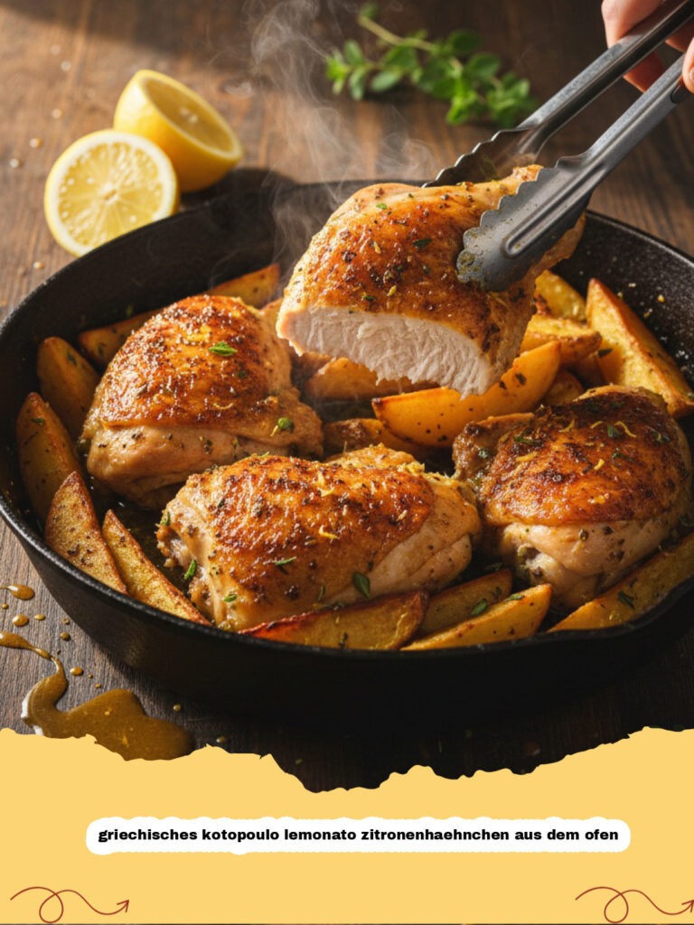 griechisches kotopoulo lemonato zitronenhaehnchen aus dem ofen - Griechisches Kotopoulo Lemonato Zitronenhähnchen aus dem Ofen serviert auf einem rustikalen Teller