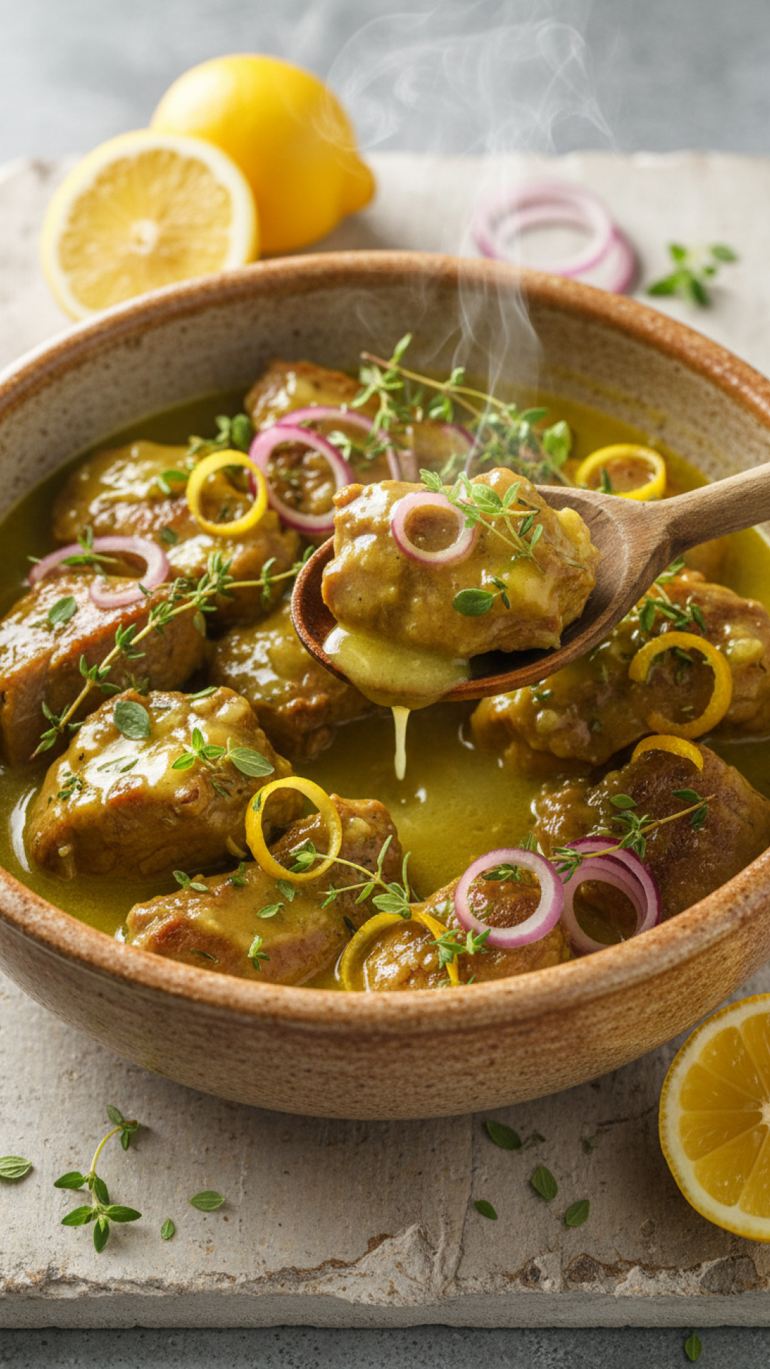 Griechisches Moschari Limoni Kalbfleisch mit Zitronen Kräuter Soße Preparation