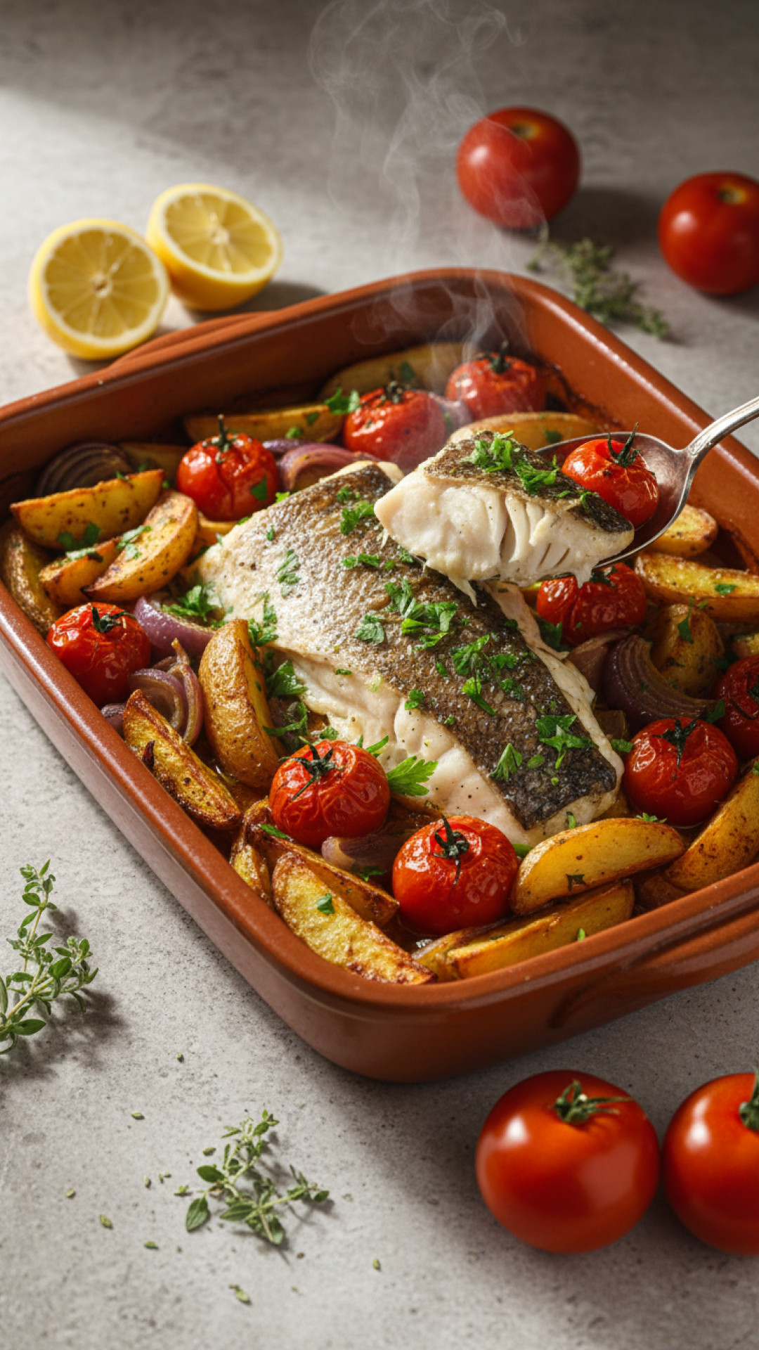 Griechisches Psari Plaki Ofenfisch mit Tomaten und Kartoffeln Preparation