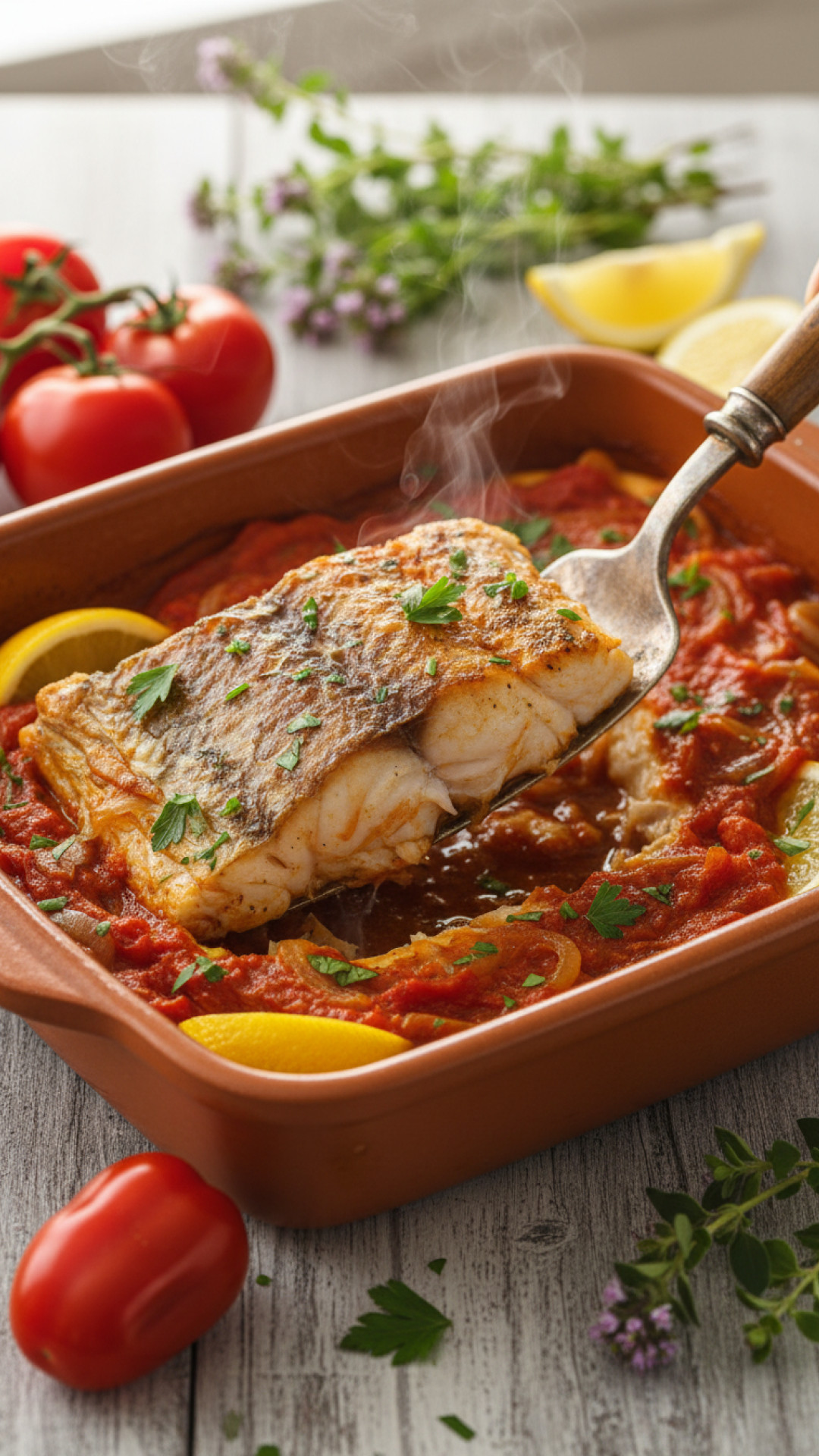 Griechisches Psari Plaki Ofenfisch mit Tomaten und Zwiebeln Preparation