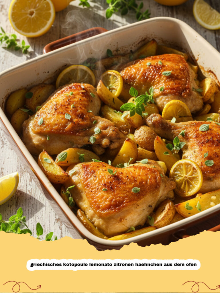 griechisches kotopoulo lemonato zitronen haehnchen aus dem ofen - Goldbraunes griechisches Kotopoulo Lemonato mit Kartoffeln in einer Auflaufform