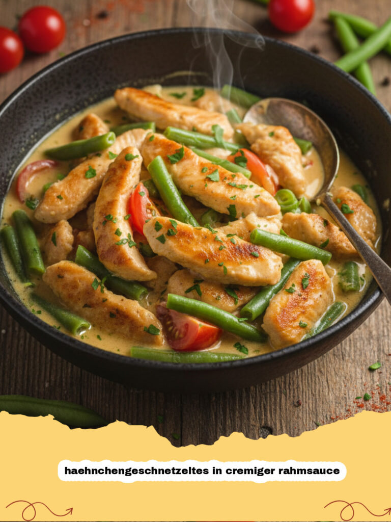 haehnchengeschnetzeltes in cremiger rahmsauce - Hähnchengeschnetzeltes in cremiger Rahmsauce mit Pilzen und Petersilie in einer Pfanne serviert