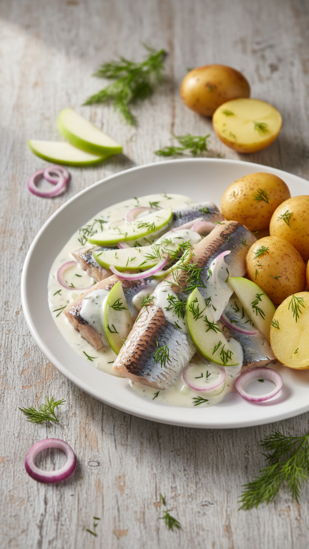 Hausfrauenart Matjesfilets in Sahnesoße mit Apfel und Zwiebeln Preparation