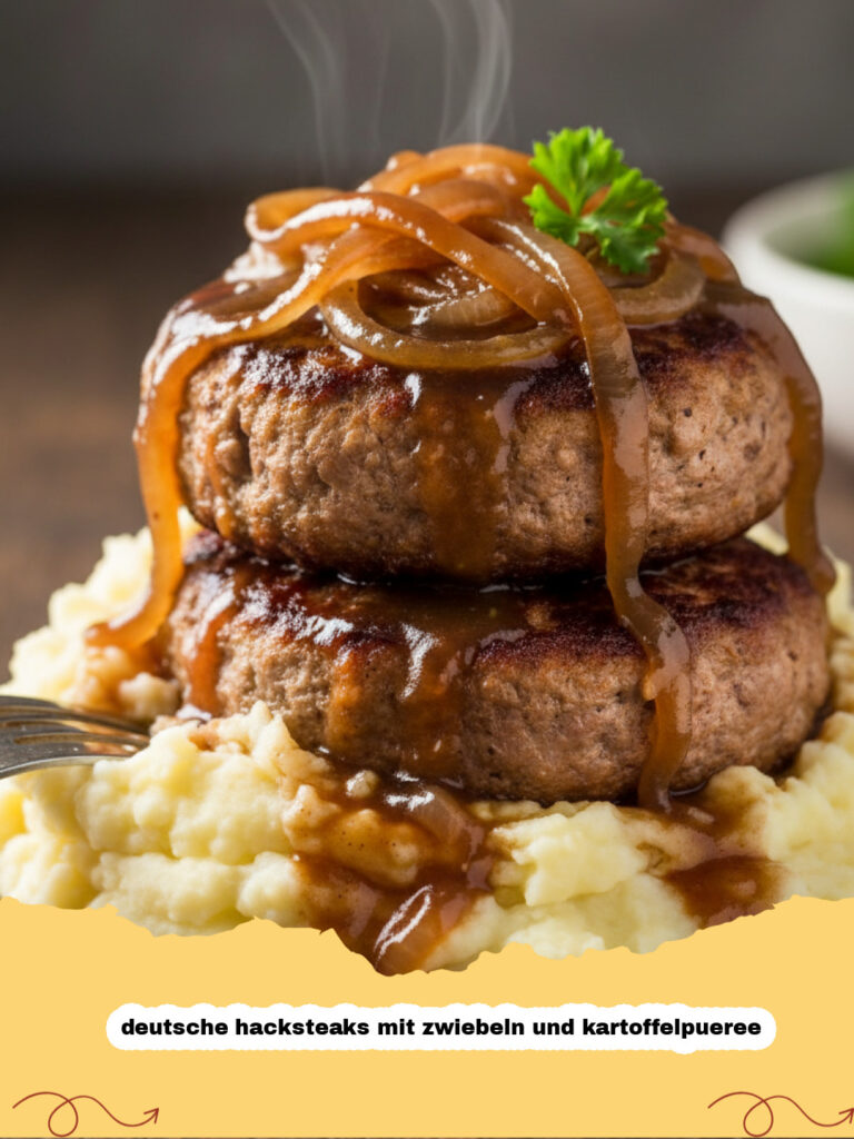 Saftige deutsche hacksteaks mit zwiebeln und kartoffelpueree auf einem weißen Teller serviert
