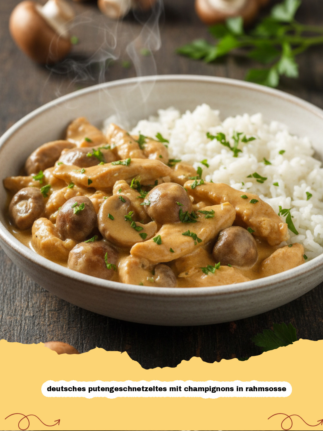 Klassisches deutsches Putengeschnetzeltes mit Champignons in Rahmsoße wie bei Oma