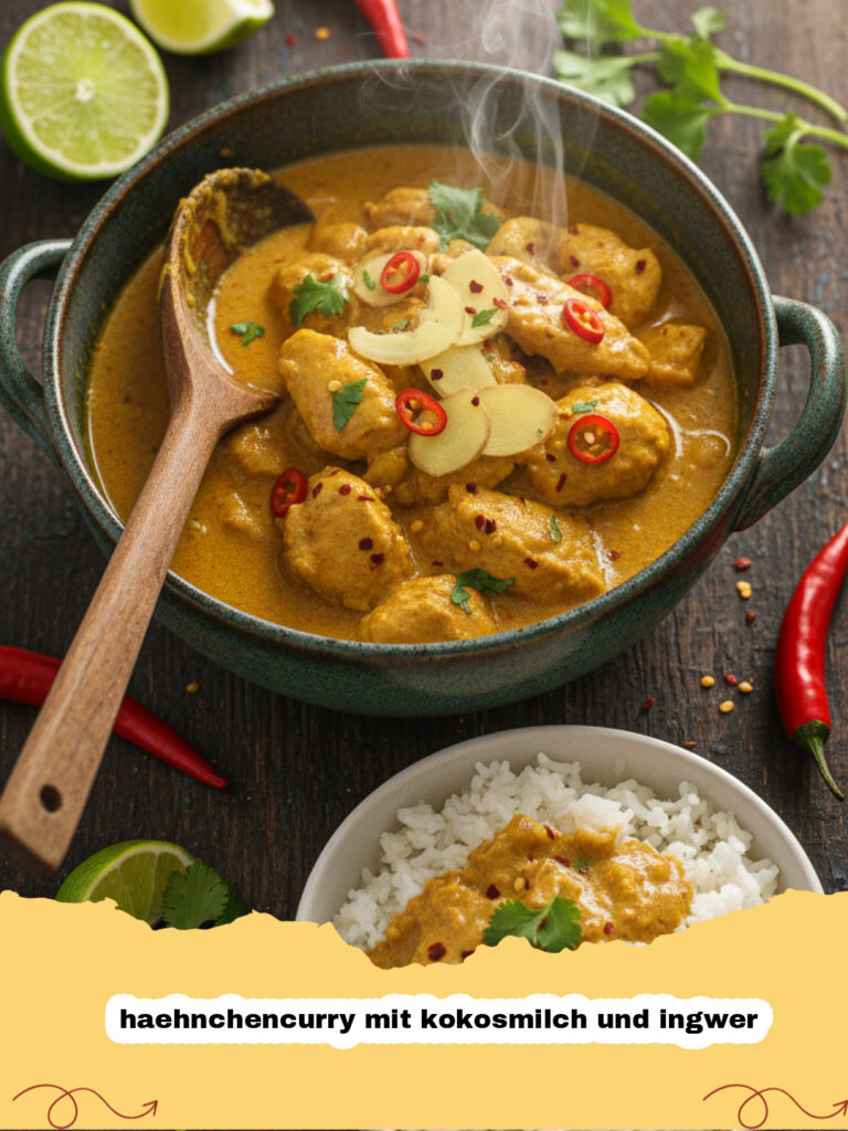 haehnchencurry mit kokosmilch und ingwer - Cremiges Hähnchencurry mit Kokosmilch und Ingwer in einer Schale mit Reis