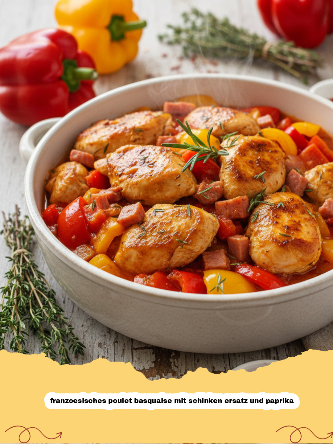 Franzoesisches Poulet Basquaise mit Schinken Ersatz und Paprika: Ein baskischer Genuss