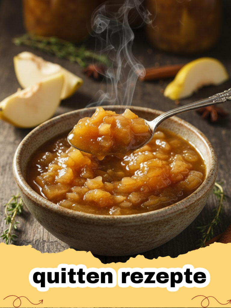 quitten rezepte - Frisch eingekochtes, leuchtend rotes Quittengelee in einem Glas auf einem rustikalen Holztisch.