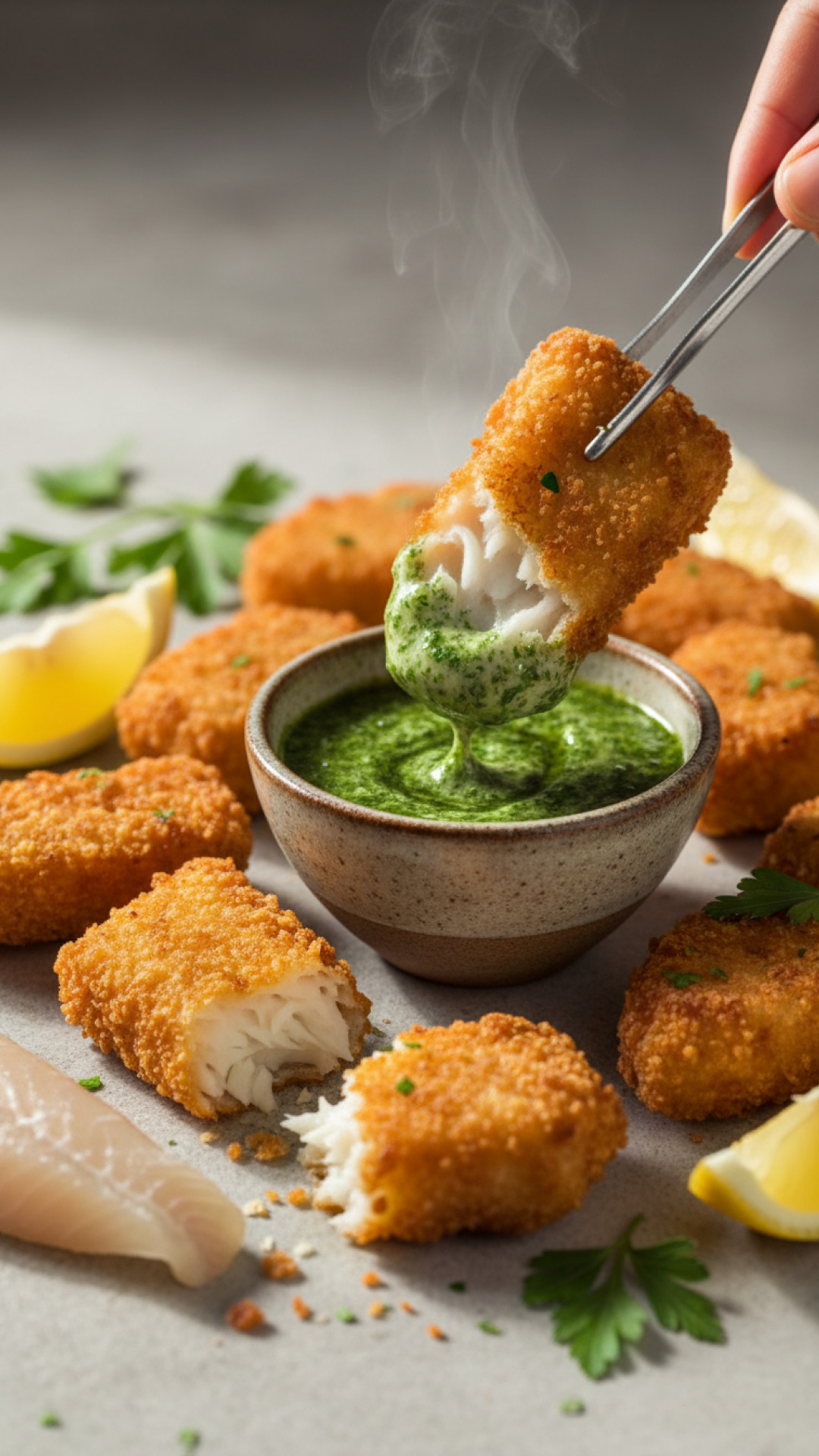 Holländische Kibbeling: Frittierte Kabeljau-Stücke mit Kräutersauce Preparation