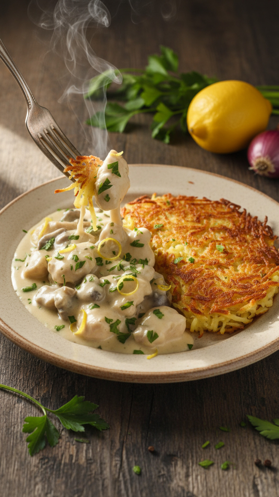 Huehner geschnetzeltes zuercher art mit roesti Preparation