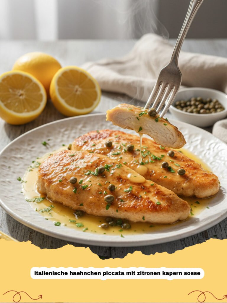 italienische haehnchen piccata mit zitronen kapern sosse - Frisch zubereitete italienische Hähnchen Piccata in einer Pfanne mit Zitronenscheiben und Kapern